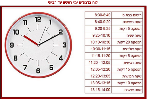 לוח צלצולים לימים ראשון עד רביעי: שעות שיעורים והפסקות