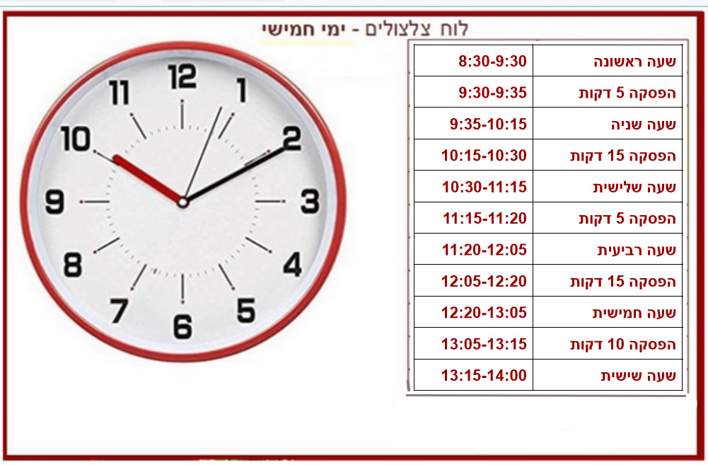 לוח צלצולים לימי חמישי: שעות שיעורים והפסקות במהלך היום